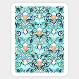 Ocean Aqua Art Nouveau Pattern with Peach Flowers Sticker